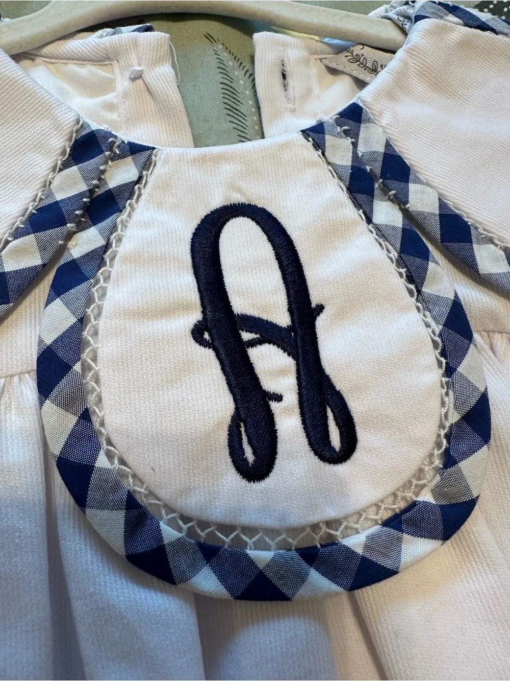 White 18M Bubble Romper with Navy Gingham Trim and Navy ‘A’ Monogram
